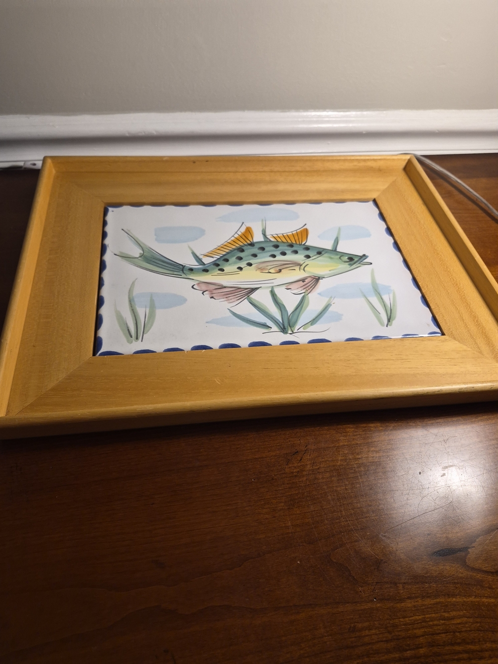 Vietri Yellow Framed Hand-Painted Fish Tile Art In Wooden Tray